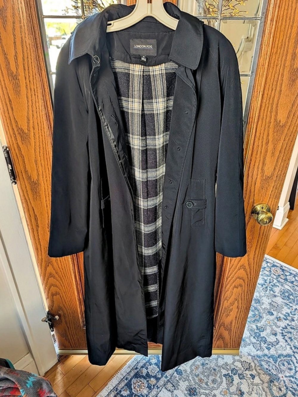 London Fog Women's 12 Plaid Lined Trench Rain Fall Coat Black With Hood